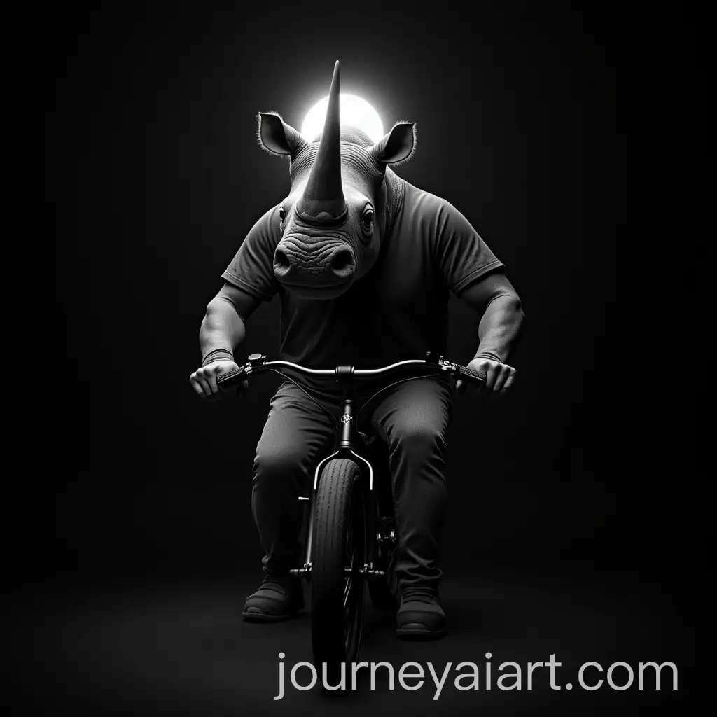 Rhino-in-Stylish-Jeans-and-Tshirt-on-Indoor-Bike-Fish-Eye-Photography