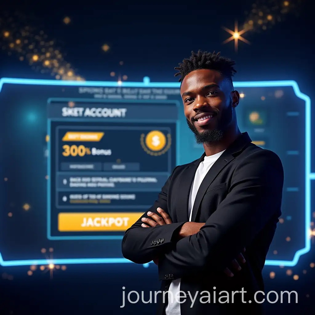 Handsome-Young-Black-Man-Posing-with-Sports-Betting-Account-and-Jackpot-Bonus