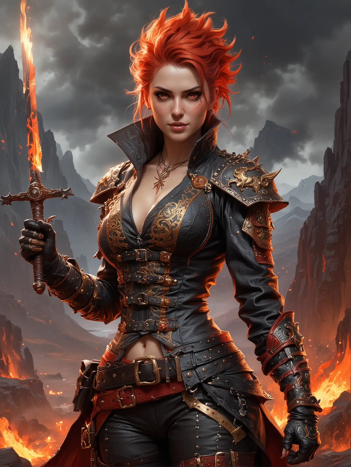 An RPG fantasy style illustration of a D&D style fire Genasi Maria Ozawa with light soft skin, bright glowing red-orange eyes, a mischievous grin, wearing a vibrant dark grey pirate captain’s coat with gold and red trim and flame-like patterns, high structured shoulders, multiple belts and straps with metallic buckles, black garment or armor underneath, a Mohawk of bright orange-red spiky hair, red leather gloves, standing confidently with one hand on hip and other hand holding flaming sword over her shoulder, turned slightly, little burning embers floating around her against a vulcanic mountain background