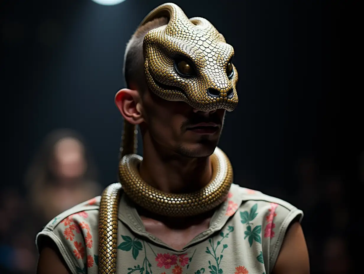 Ki fantasy a mixture of man and snake head fashion design at a fashion show