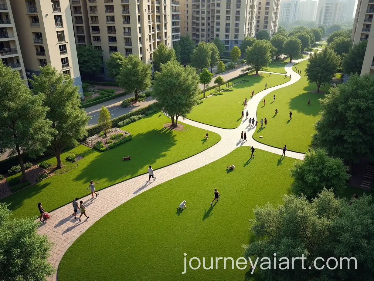 Aerial-View-of-Vibrant-Housing-Society-with-Parks-Jogging-Tracks-and-Families-Walking-Dogs