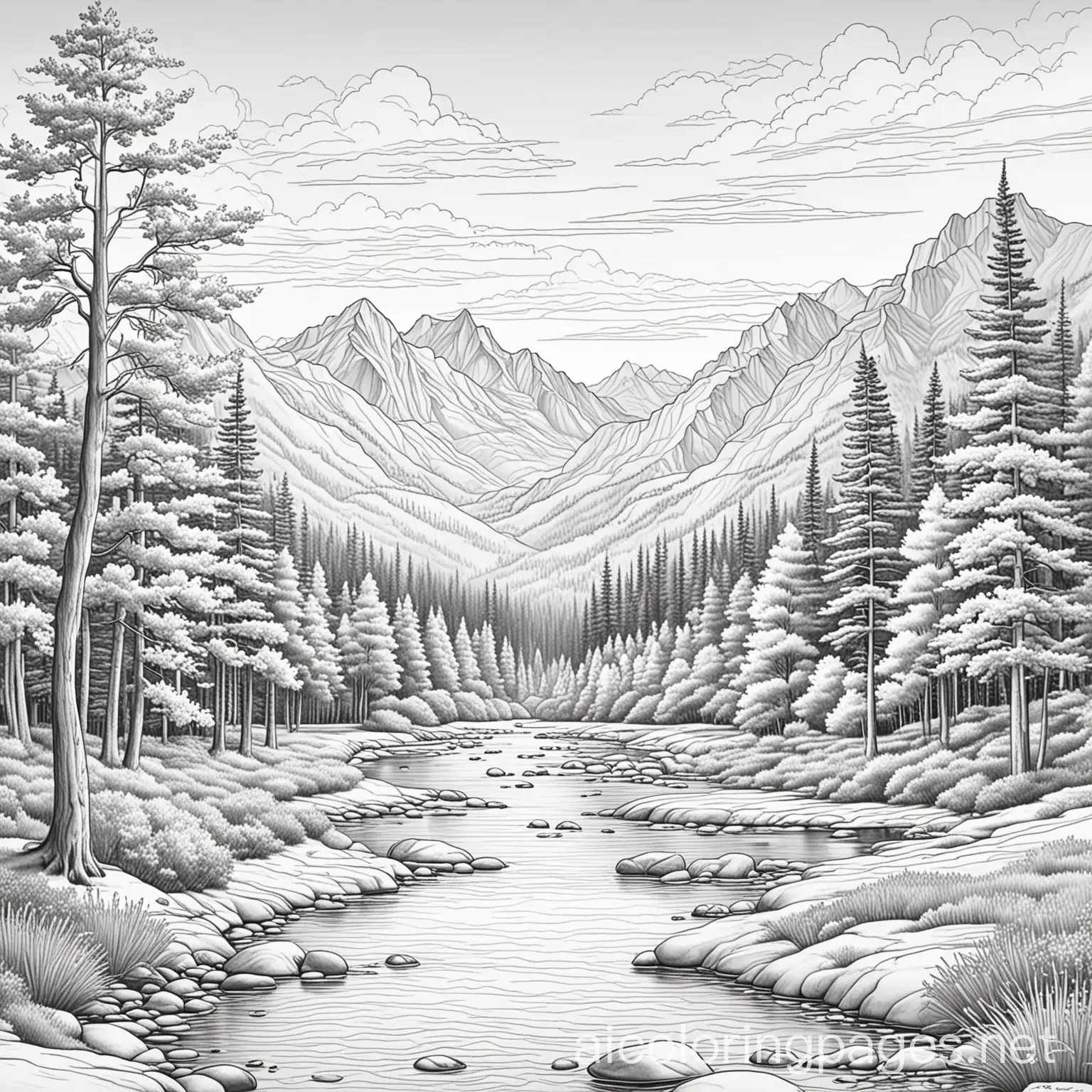 serene landscape with mountains, creek, trees tranquil clouds., Coloring Page, black and white, line art, white background, Simplicity, Ample White Space. The background of the coloring page is plain white to make it easy for young children to color within the lines. The outlines of all the subjects are easy to distinguish, making it simple for kids to color without too much difficulty