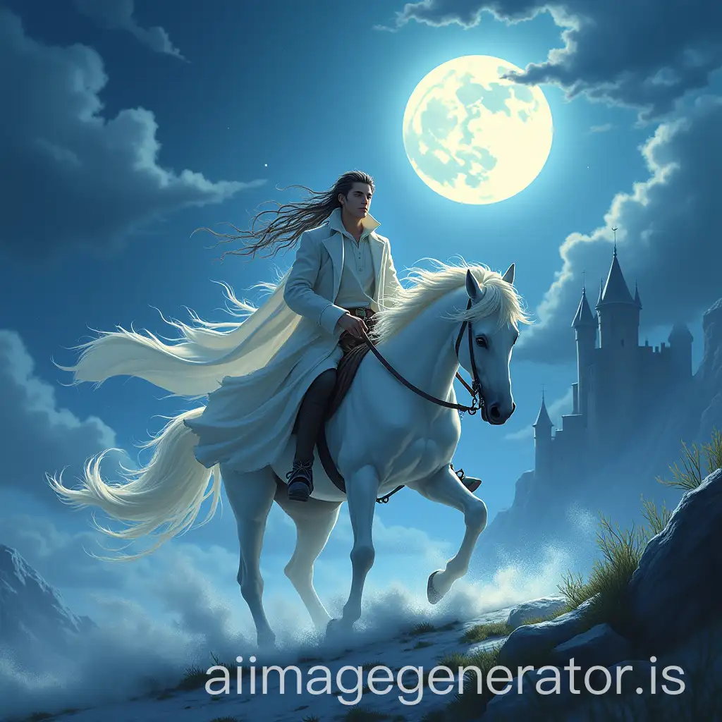 The third rider wore a translucent trench coat fluttering as if it were part of the wind itself. His horse, with almost ethereal white fur, seemed to float above the ground, engulfed in swirls of air. He was the Rider of the Wind, swift and free, a messenger of change and storm.anime style coming out of a castle under the full moon