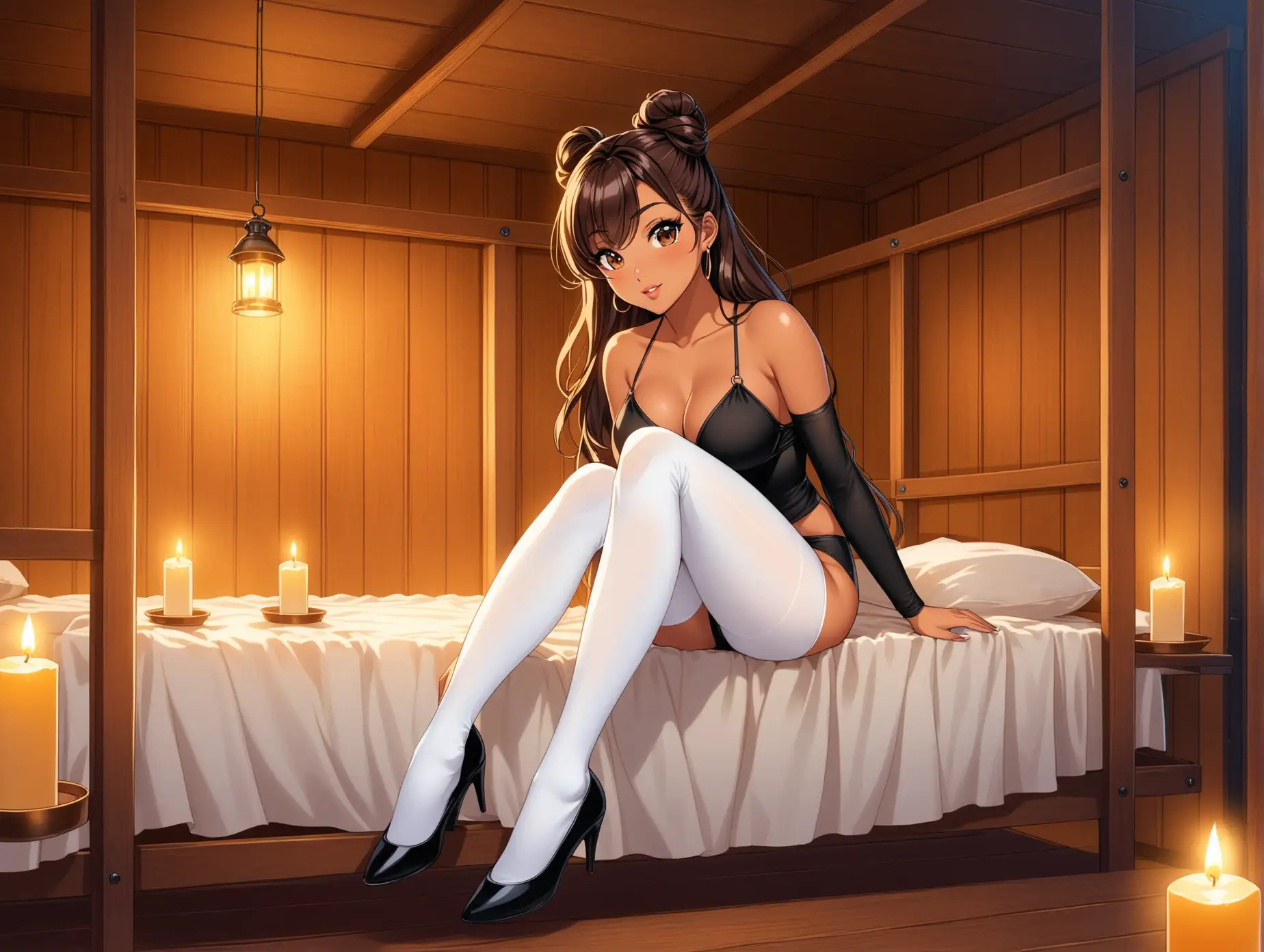 Stylish-Latina-Anime-Woman-in-Black-Bikini-Top-and-Sheer-Tights-Sitting-in-Candlelit-Cabin