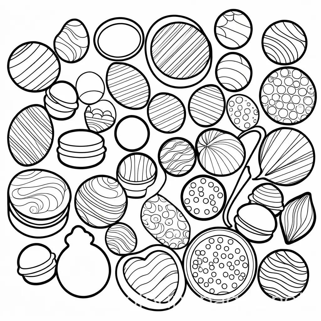 bold and easy chocolates black and white drawing, Coloring Page, black and white, line art, white background, Simplicity, Ample White Space. The background of the coloring page is plain white to make it easy for young children to color within the lines. The outlines of all the subjects are easy to distinguish, making it simple for kids to color without too much difficulty