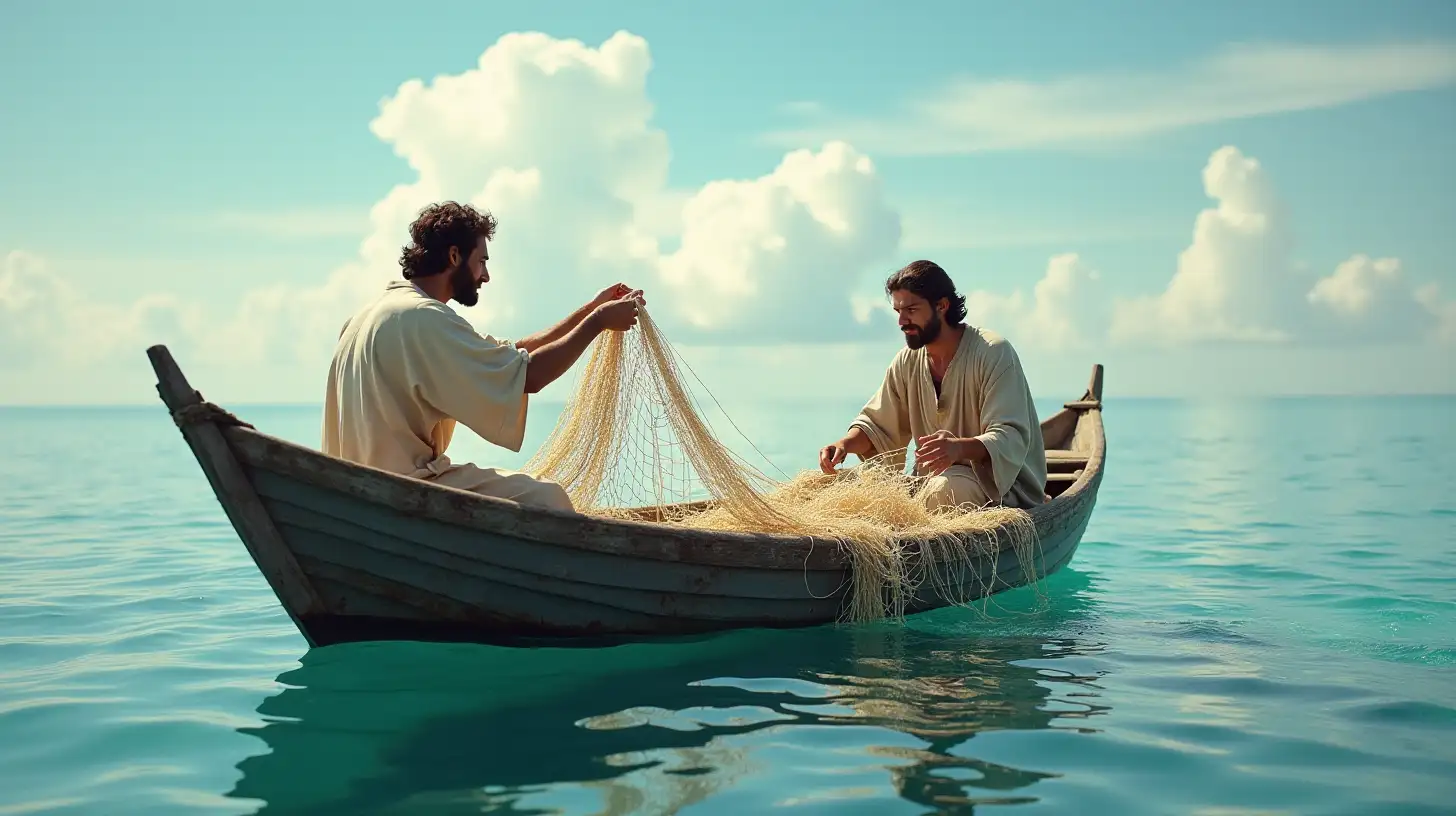 Biblical Era Fishermen Brothers Casting Nets in a Boat