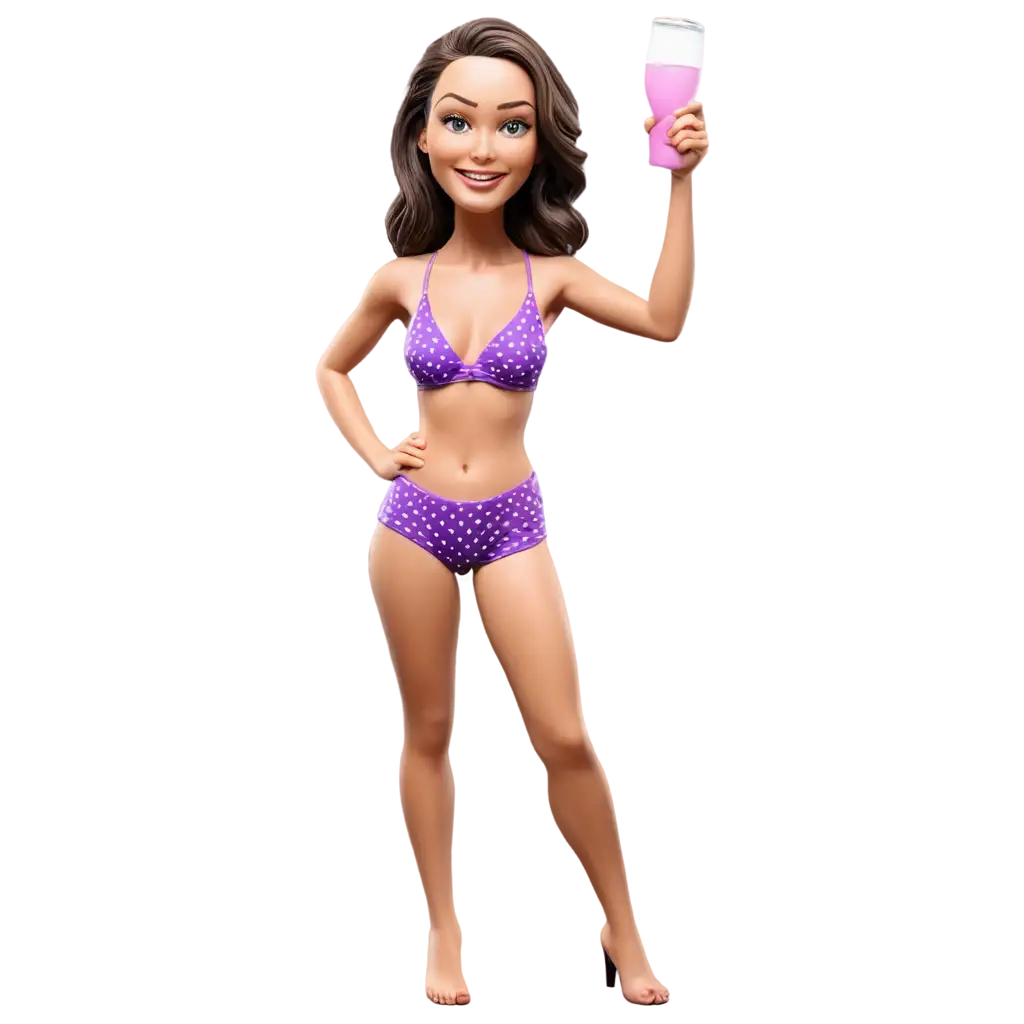 2D-Bobblehead-Caricature-PNG-of-a-White-Woman-in-Purple-Bikini-with-White-Polka-Dots