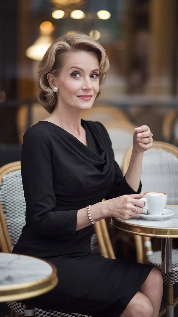 Elegant close-up portrait of a graceful woman in her late 50s with warm eyes and a gentle smile, seated in a chic Parisian cafe with soft bokeh background, wearing a classic knee-length black sheath dress with subtle draping, accessorized with pearl stud earrings and a delicate silver bracelet, holding a cappuccino cup, embodying timeless sophistication and understated glamour, design style, soft portrait photography, shallow depth of field, warm color palette.