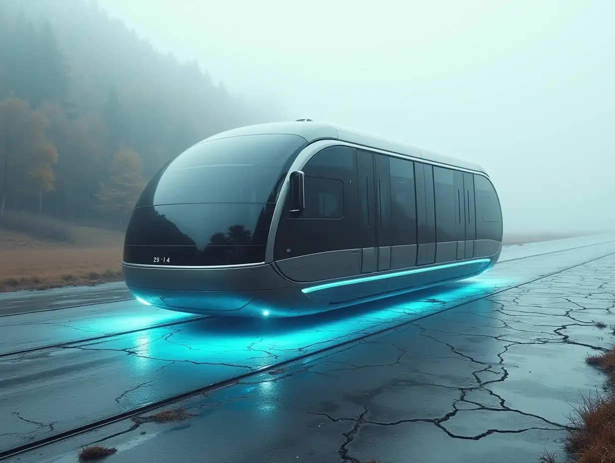 A futuristic hover-tram that floats freely above the ground without using tracks or rails. The vehicle emits a soft blue energy field underneath it, gliding silently over cracked roads and rough terrain. No visible infrastructure — just the vehicle hovering by itself, independent of any physical guide