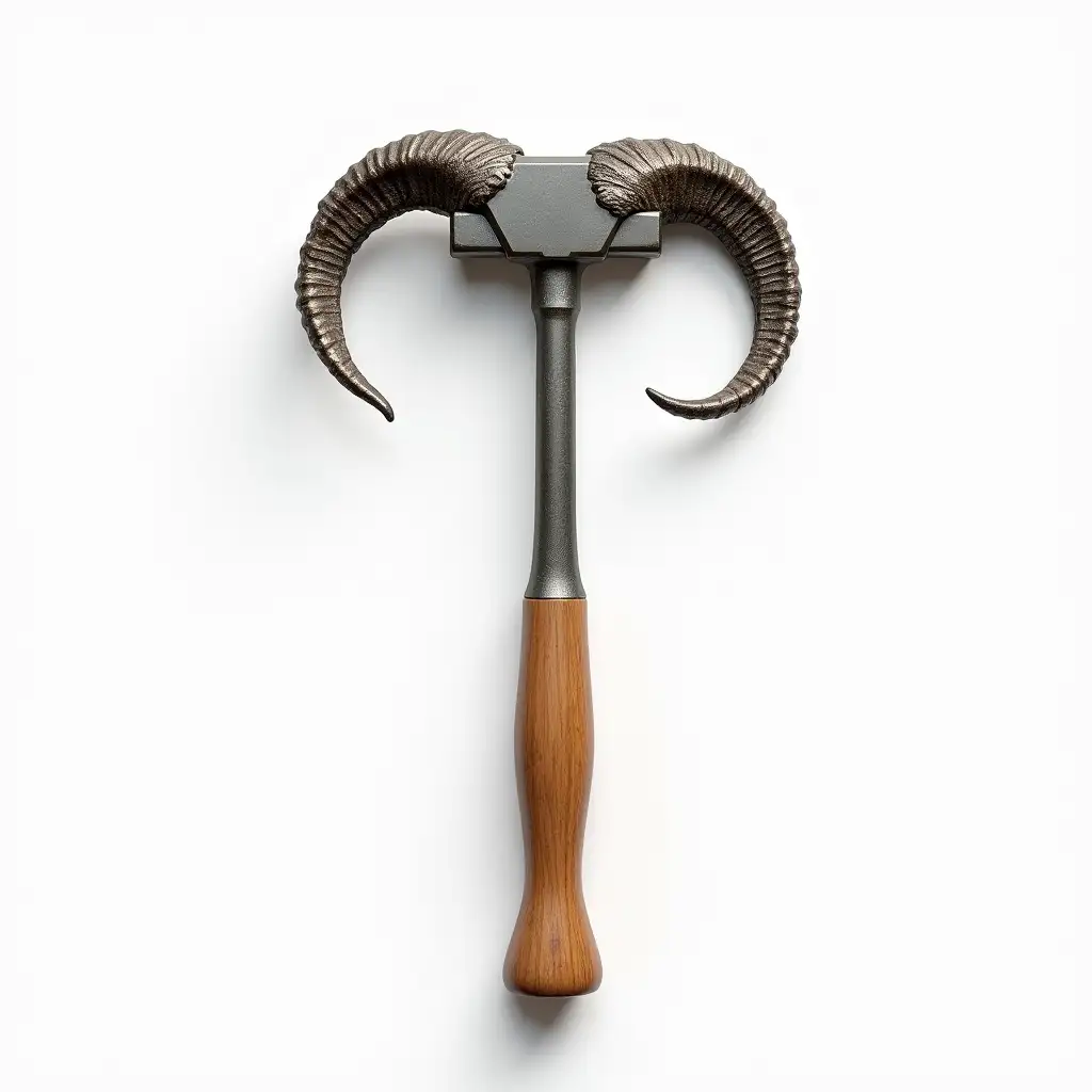 Create a hyper-realistic image of a hammer with a unique twist—the hammerhead retains its traditional metallic structure, but the back claw is replaced with intricately curved sheep's horns. The horns are made entirely of metal, seamlessly integrated into the hammerhead, maintaining full functionality. The wooden handle remains unchanged, providing a classic contrast to the surreal metallic transformation. The background is plain white to keep the focus on the modified design.