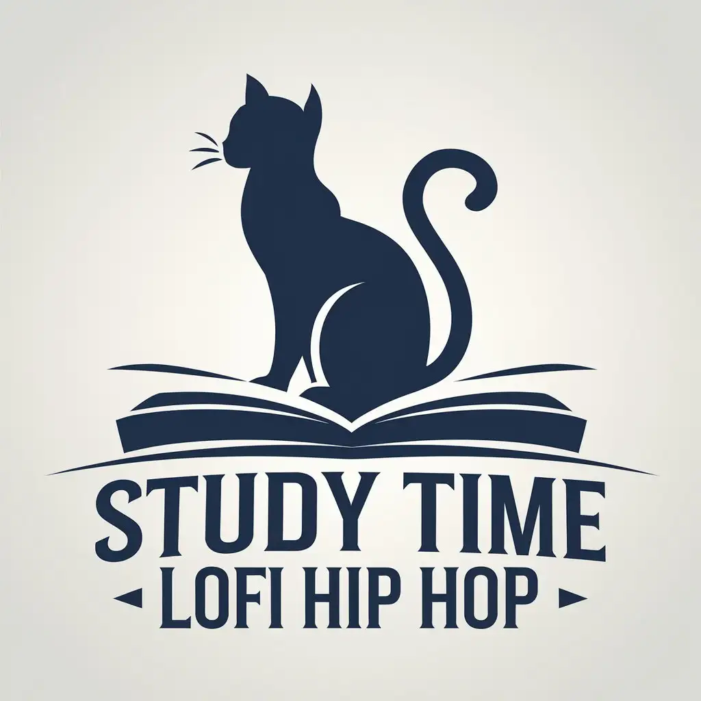 LOGO Design for Study Time Lofi Hip Hop Cat Silhouette on Book with Navy Blue White Monotone Theme