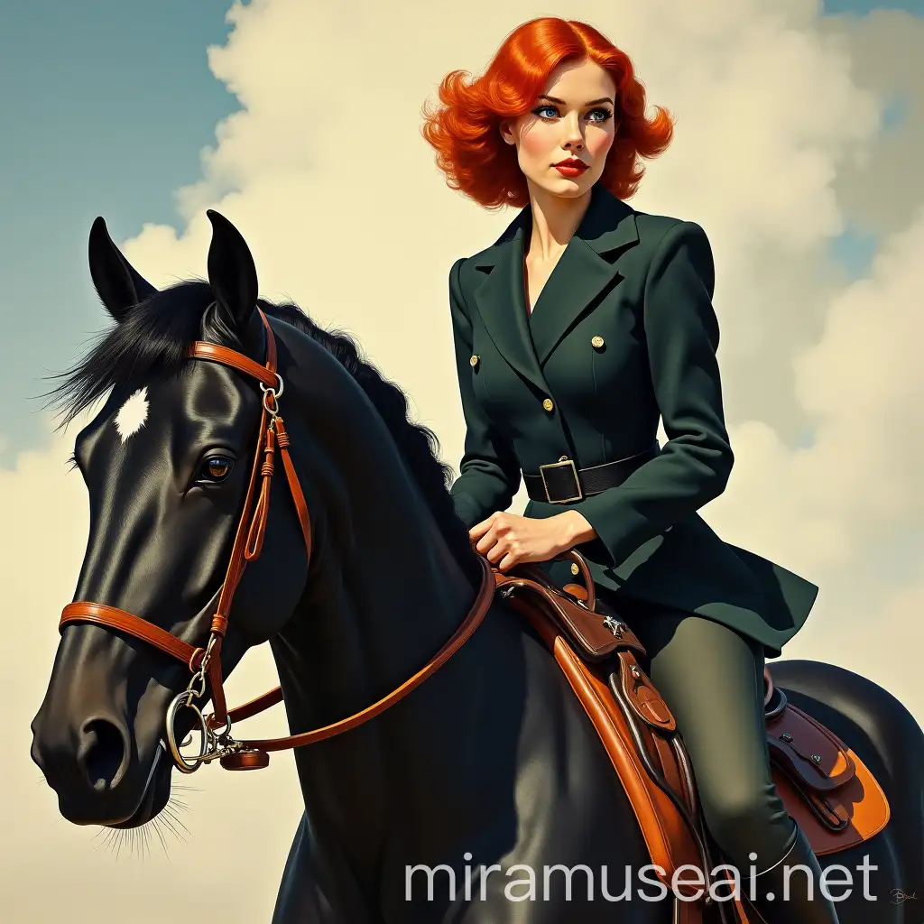 Elegant Woman Riding Black Horse in 1930s Style Portrait