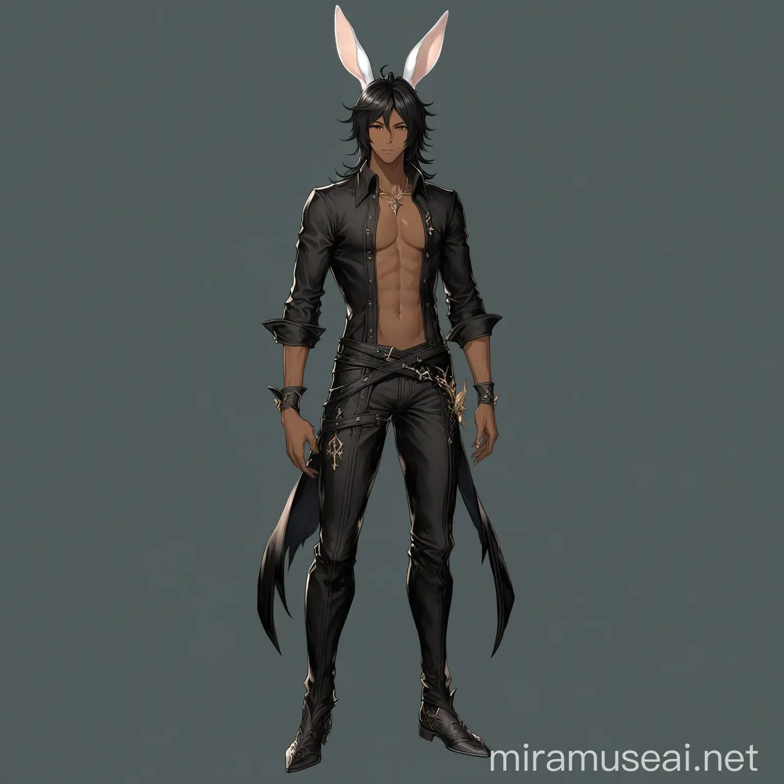 Fantasy Male Viera Character with Long Black Hair and Black Clothing