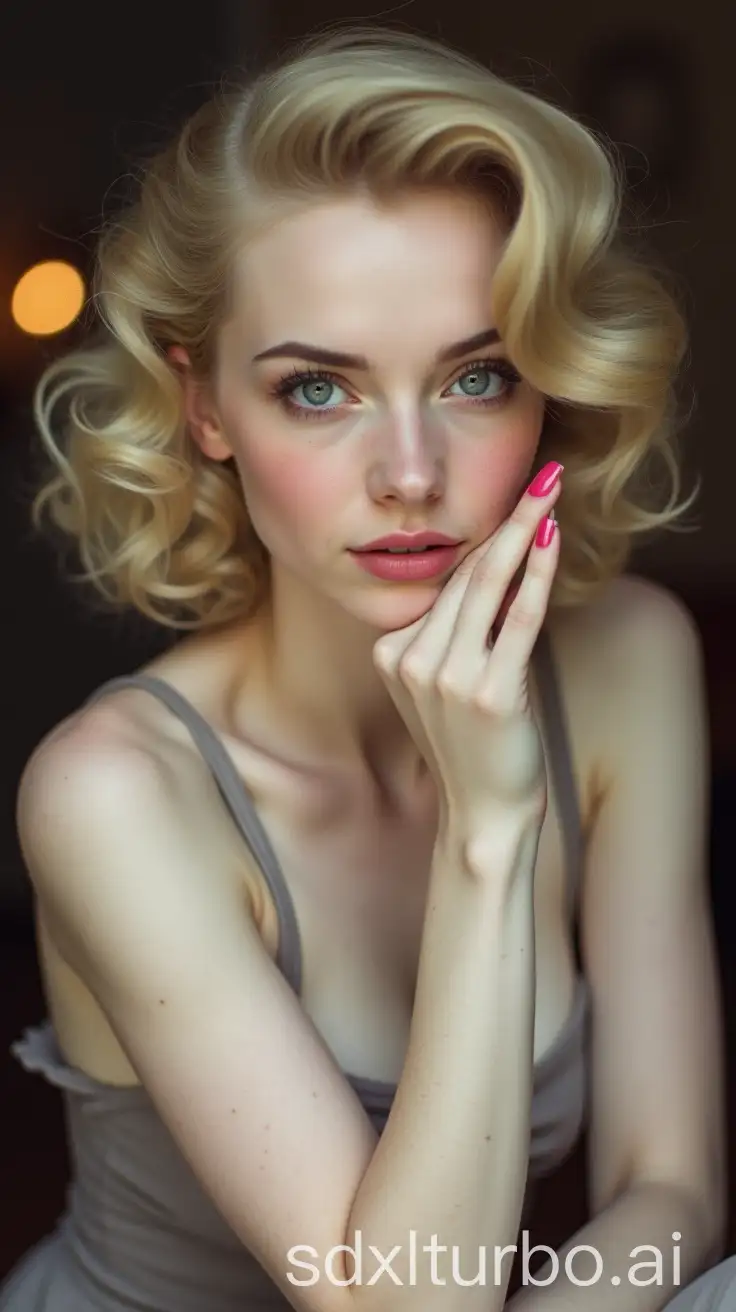 pretty blonde girl with white skin and gray eyes modeling in pin-up style