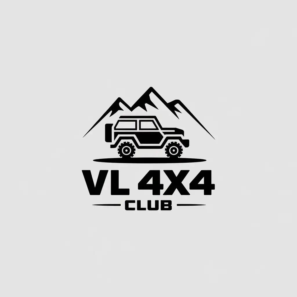 a vector logo design,with the text "VL 4X4 CLUB", main symbol:mountains jeep,Minimalistic,be used in Travel industry,clear background