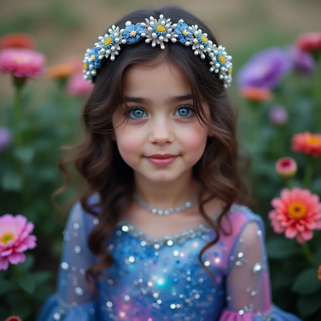 A picture of an Iranian girl with blue eyes and a galaxy wedding dress among beautiful flowers