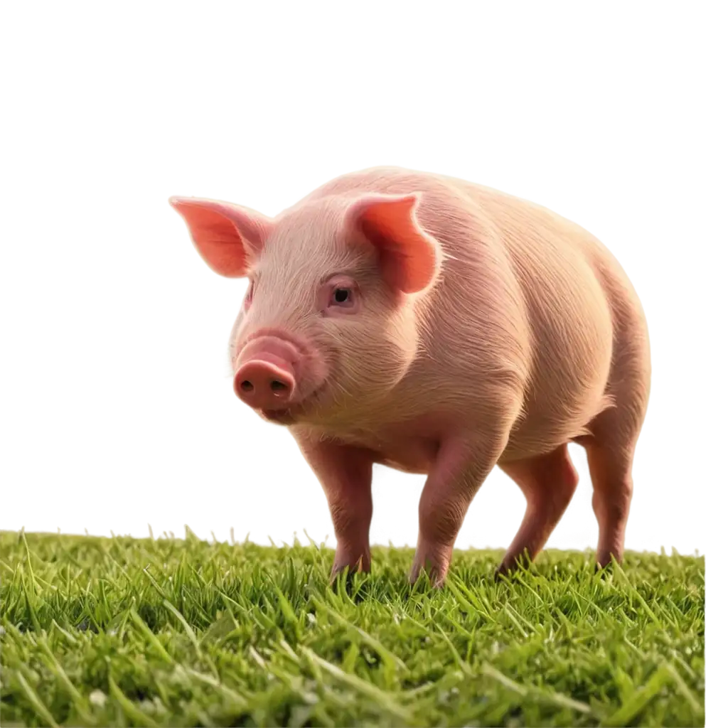 create a image of an small pig eating grass and background hills and green grace