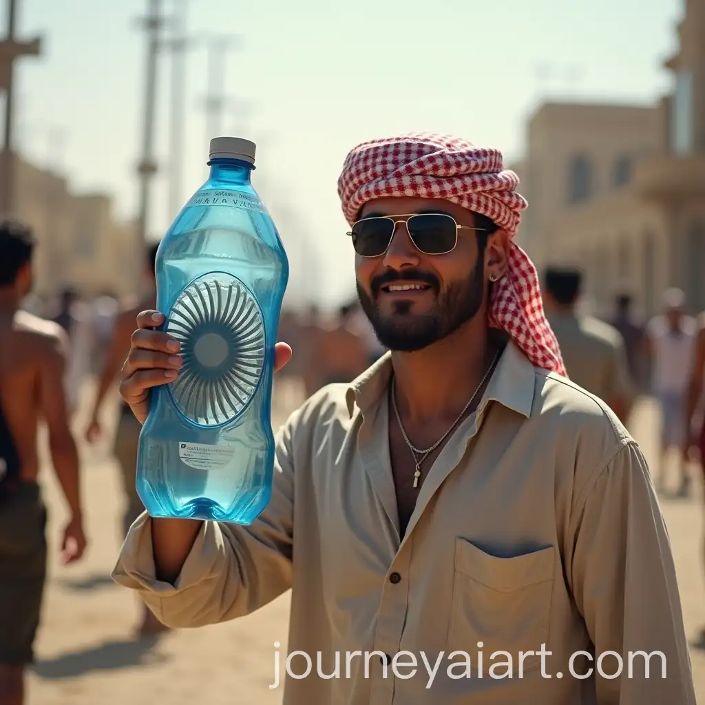 Futuristic-Arab-Man-Cooling-Off-with-HighTech-Water-Bottle-in-Baghdad