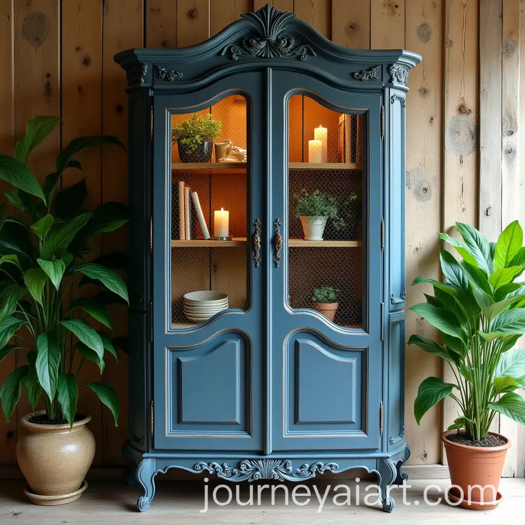 Vintage-FrenchStyle-Display-Cabinet-in-Rustic-Setting-with-Greenery-and-Natural-Light