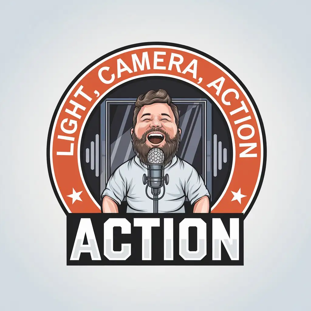 LOGO Design for Light Camera Action Colorful Vector Featuring a Bearded Man Laughing in a Podcast Studio