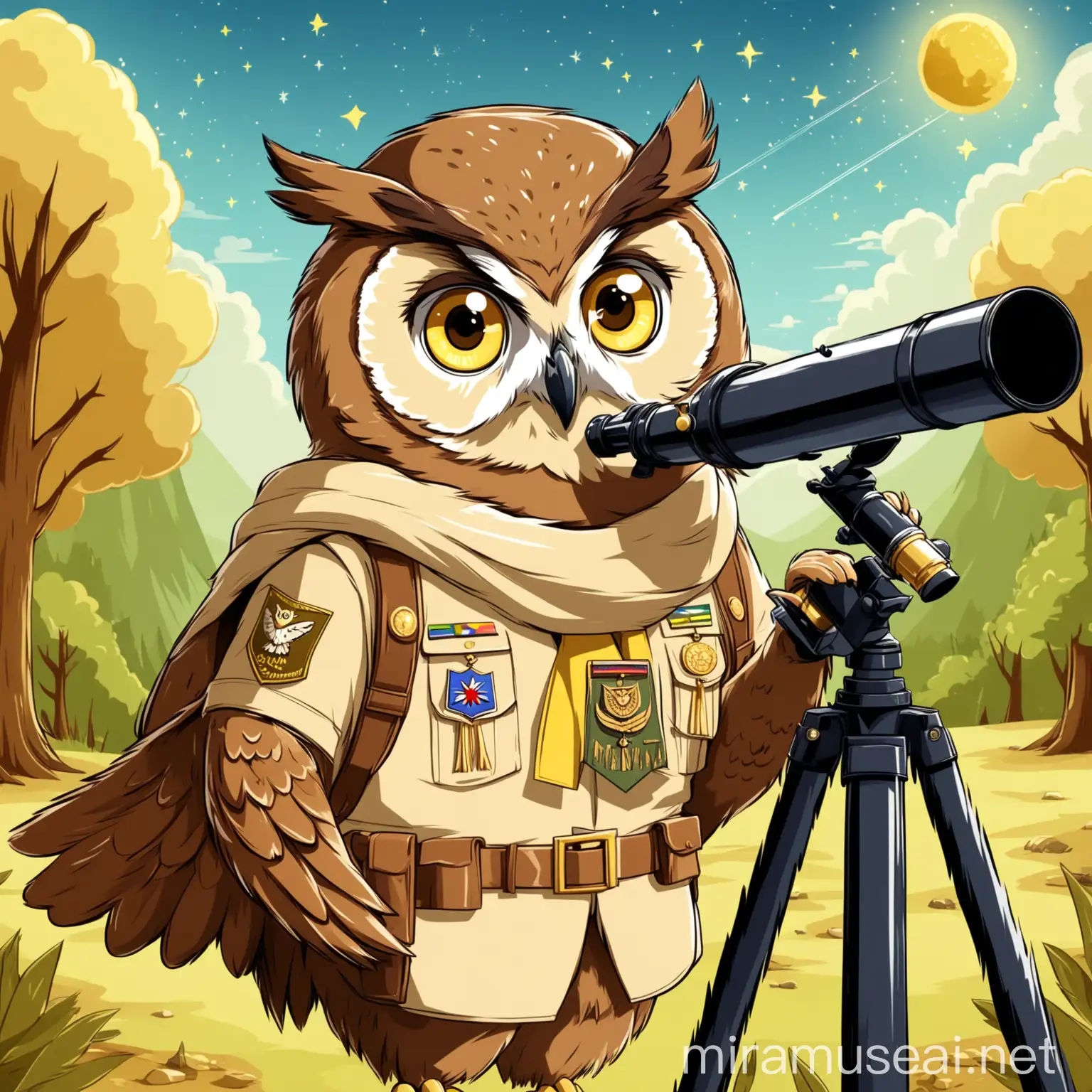 Cartoon Brown Owl Scout with Telescope in Nature