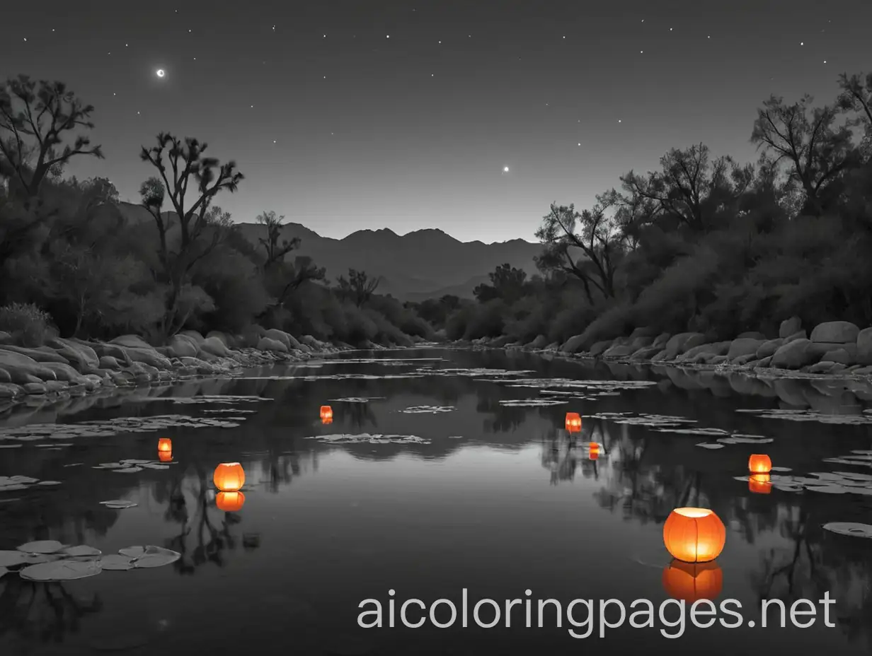 Arizona-Park-at-Night-with-Glowing-Orange-Water-Lanterns-Coloring-Page