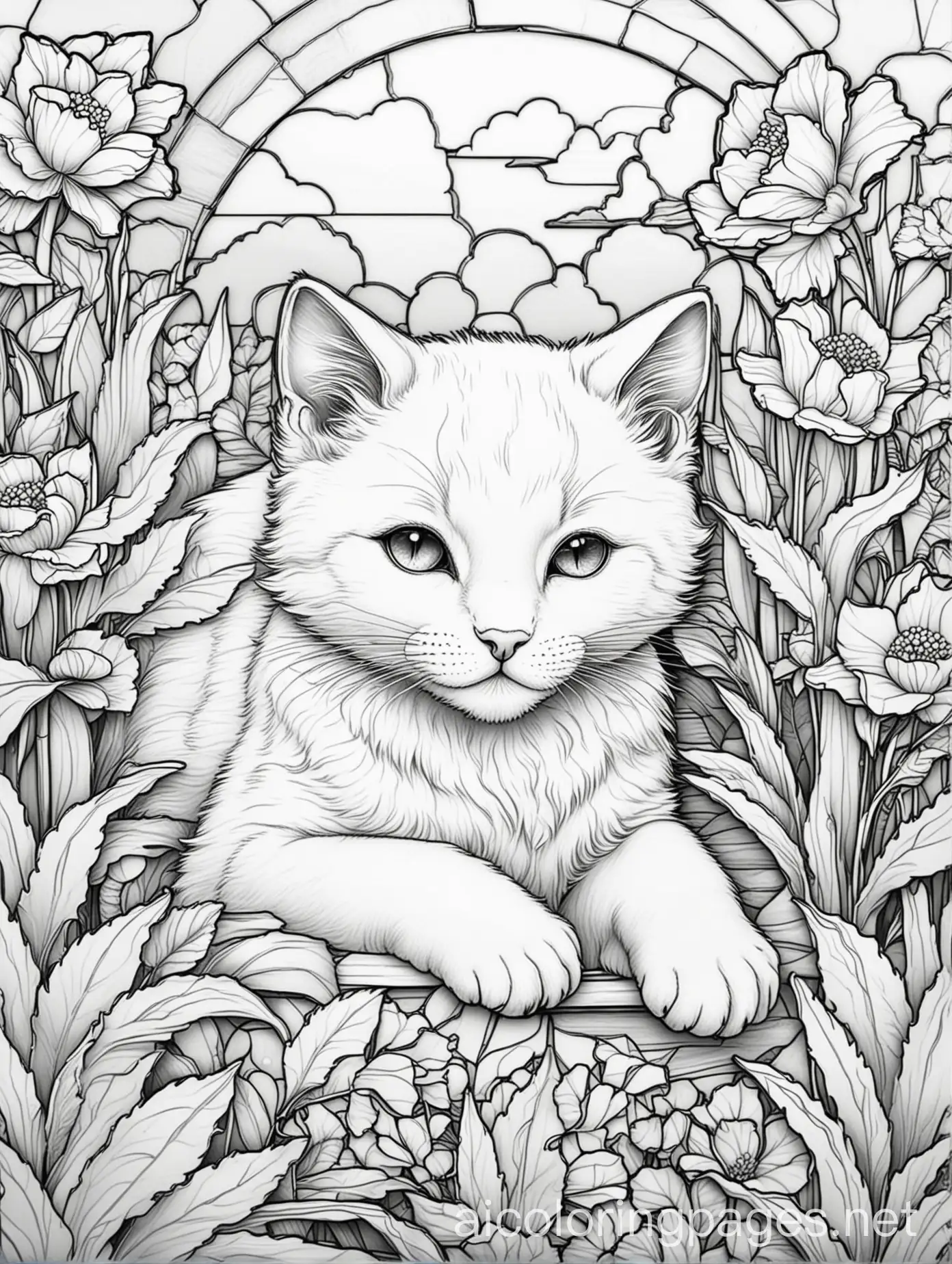 Sleeping-Kitten-in-Flower-Bed-Coloring-Page