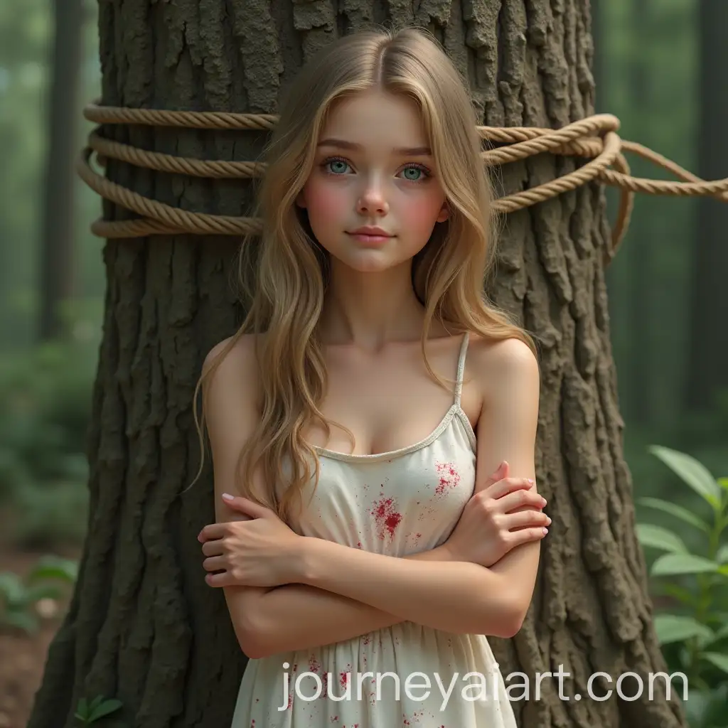 Mysterious-Forest-Beauty-Girl-in-White-Sundress-with-Red-Stains