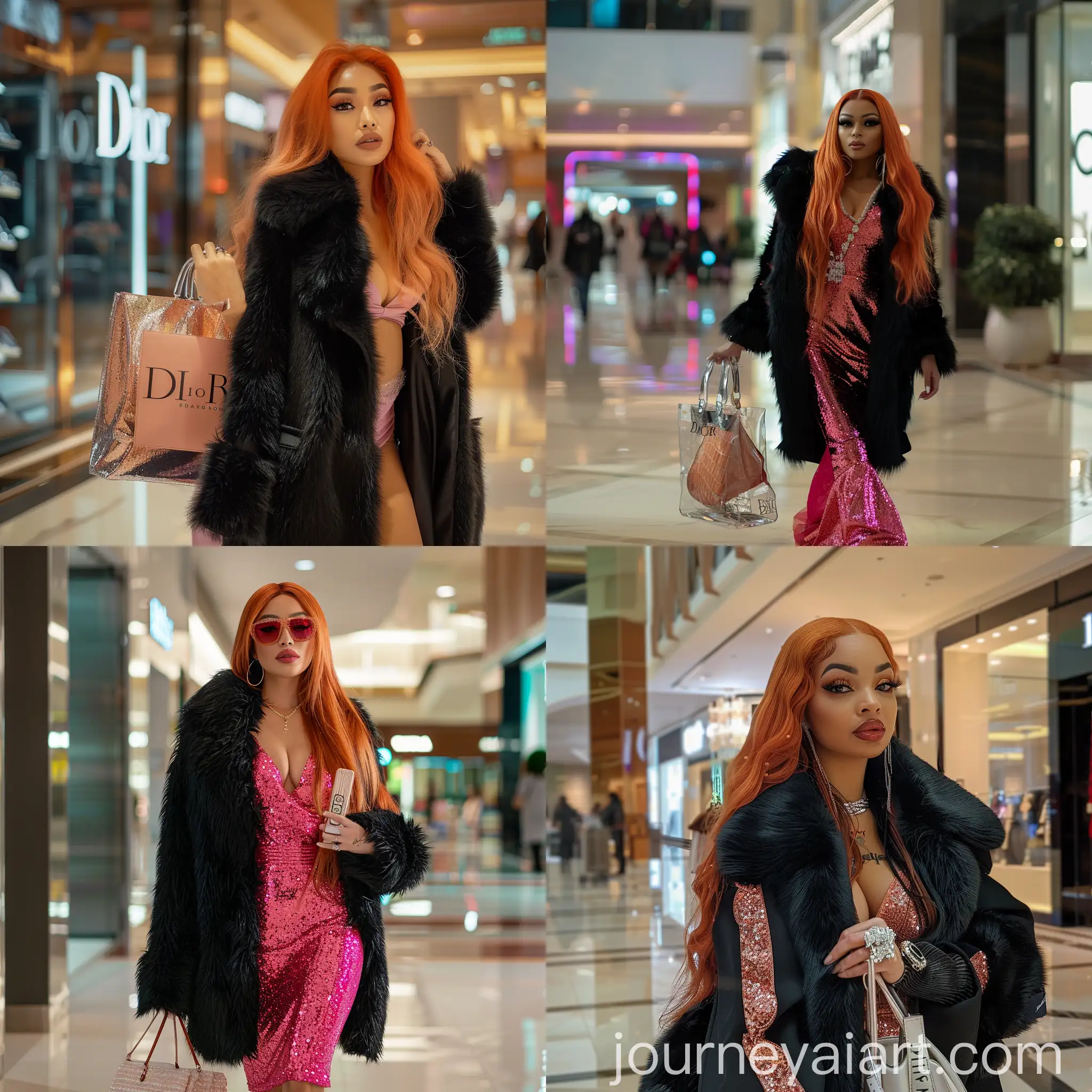 Stylish-Carmel-Dominican-Woman-in-Pink-Dior-Dress-at-Luxury-Mall