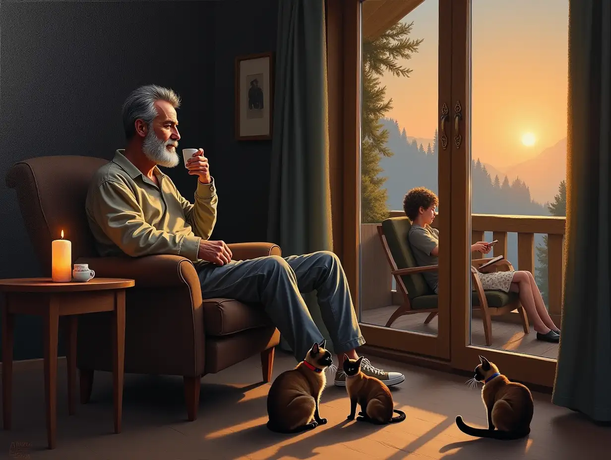 An oil painting, man with a grey beard dark hair,  a grey tidy beard dressed in casual attire sitting on a chair on the balcony of the chalet, looking to the setting sun to his right, drinking a coffee thats in his hand. The Siamese-tonkanise cats, one with a red collar, one with a blue collar, are curled up at his feet. a candle burns gently near the large window that looks into the chalet lounge room where mandy is sitting reading. The background is a dark grey, creating an atmosphere of mystery and elegance, --s 500 --v 6.0 --style raw --ar 51:91