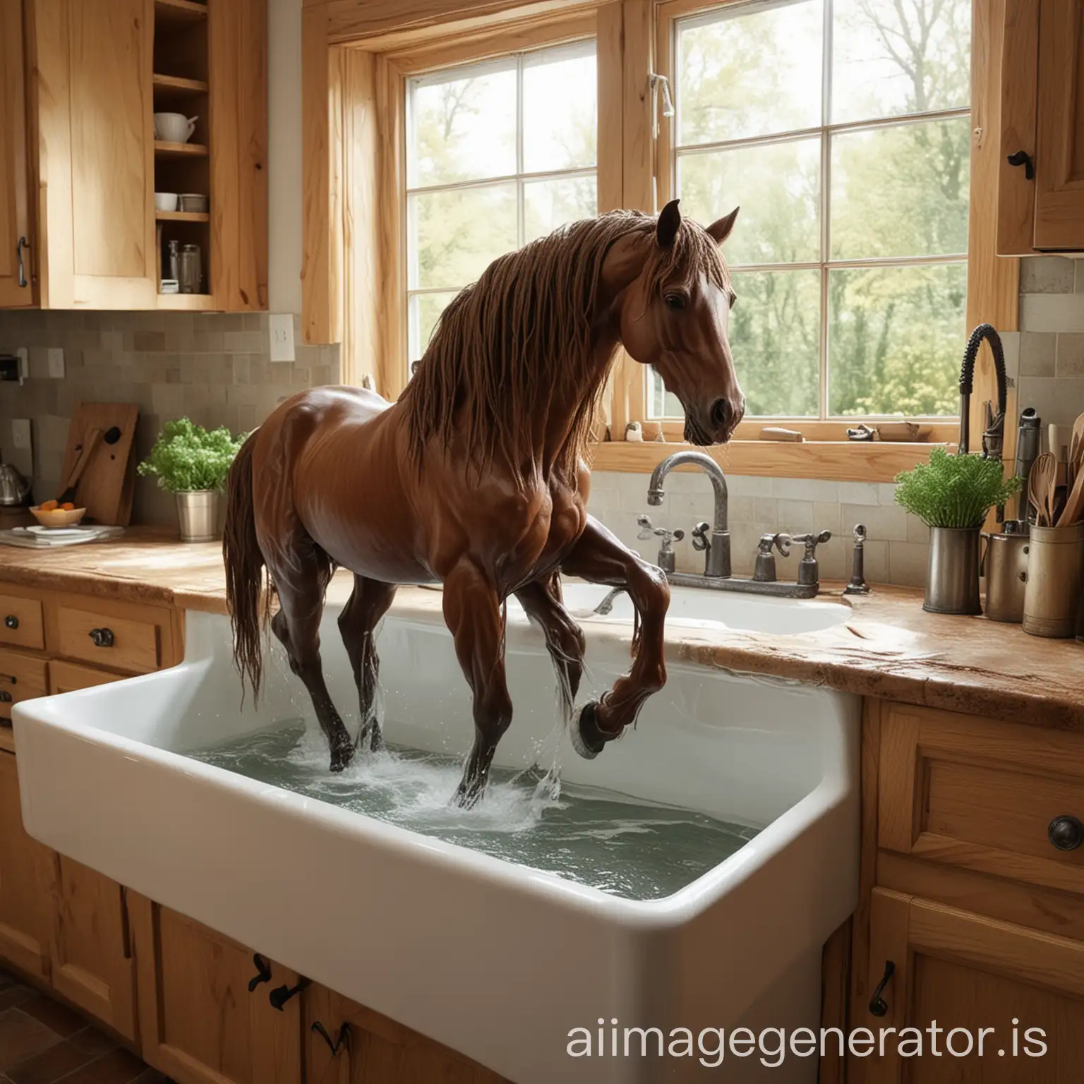 Create an image of a sentient kitchen transforming itself into a horse. The kitchen should have cabinets, appliances, and utensils that are rearranging and morphing into the shape and form of a horse. Show the countertops and drawers turning into the horse's body, while the oven and refrigerator form its legs. The sink and faucet should become the horse's head, with water flowing to resemble a mane. The overall scene should have a magical, surreal feel, with elements of both the kitchen and the horse clearly visible in the transformation process.