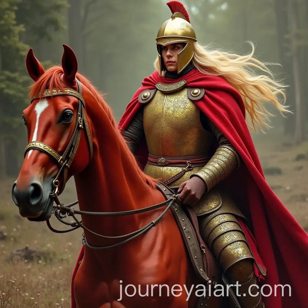 Blonde-Warrior-King-in-Gold-Armor-with-Red-Horse