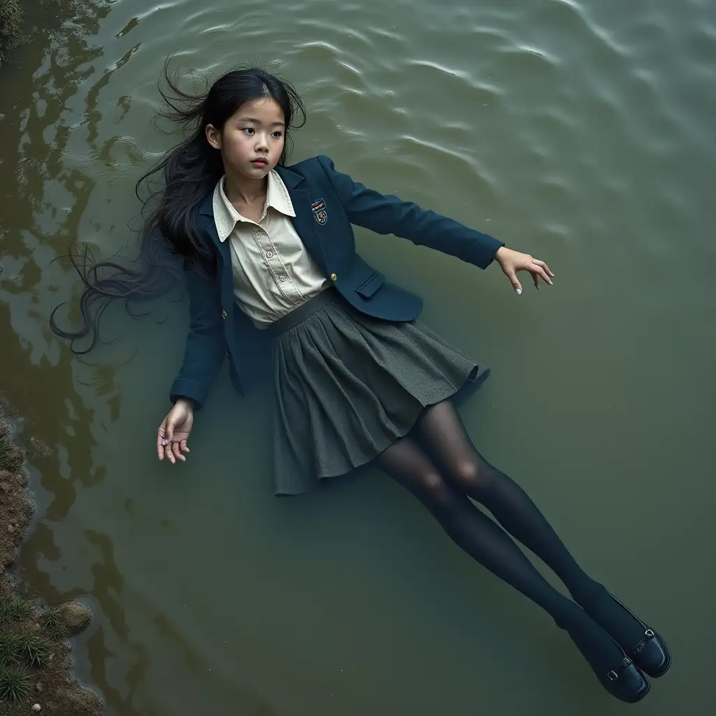 A young schoolgirl in a school uniform, with a skirt, jacket, blouse, dark tights, high-heeled shoes. She is swimming in a dirty pond, lying underwater, with water up to her neck, the whole body under water, submerged in water, under the water surface, all clothes completely wet, clothes soaked through, no dry spots on clothes, wet clothes stick to the body.