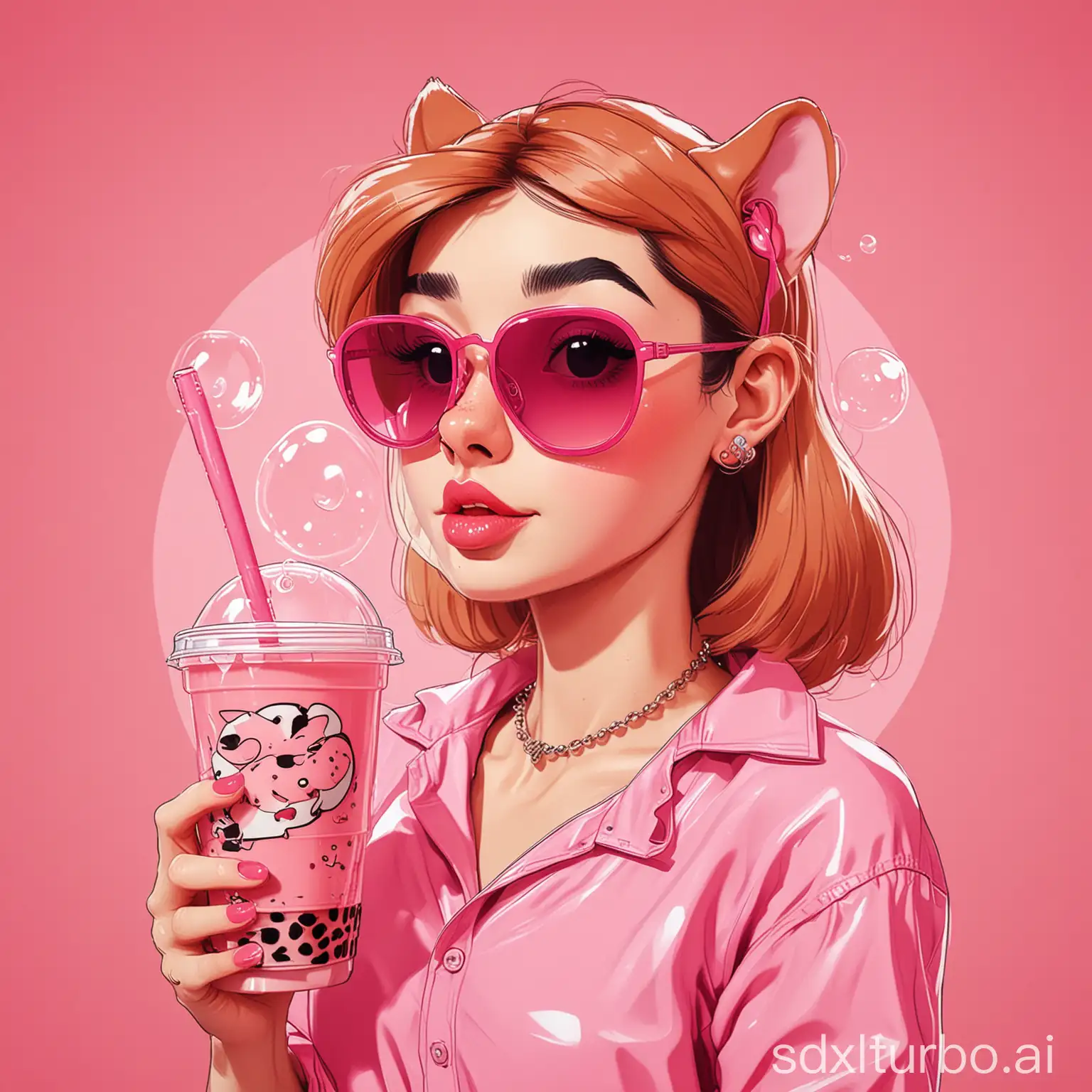 A cartoon character in a pop art style with thinner lines and fewer colors, viewed from a side profile. The character is the Pink Panther reference pink panther cartoon, wearing sunglasses, a casual shirt, and a necklace, holding a bubble tea. The background is a solid, bold color. The overall vibe should be minimalistic and stylish.