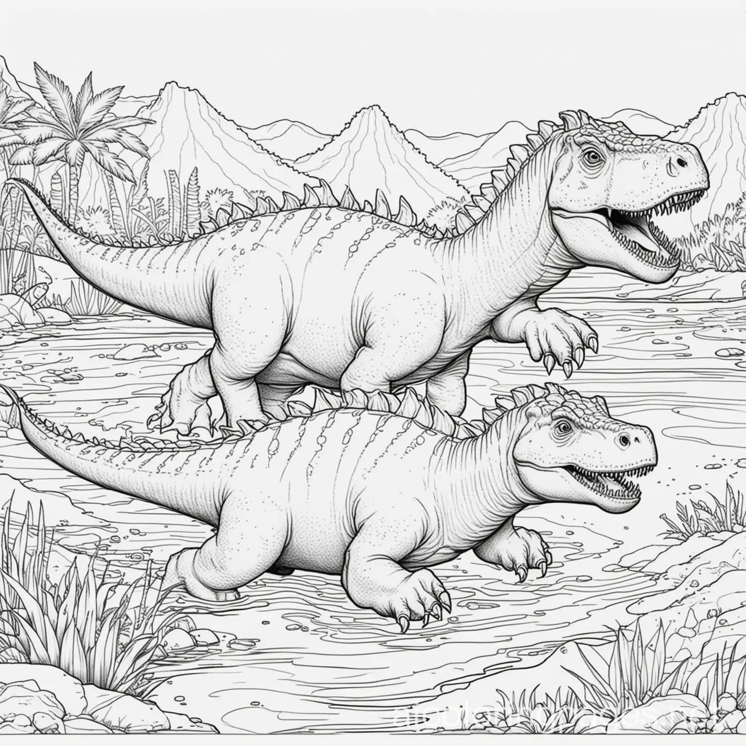 kids' swimming dinosaurs coloring book page, Coloring Page, black and white, line art, white background, Simplicity, Ample White Space. The background of the coloring page is plain white to make it easy for young children to color within the lines. The outlines of all the subjects are easy to distinguish, making it simple for kids to color without too much difficulty