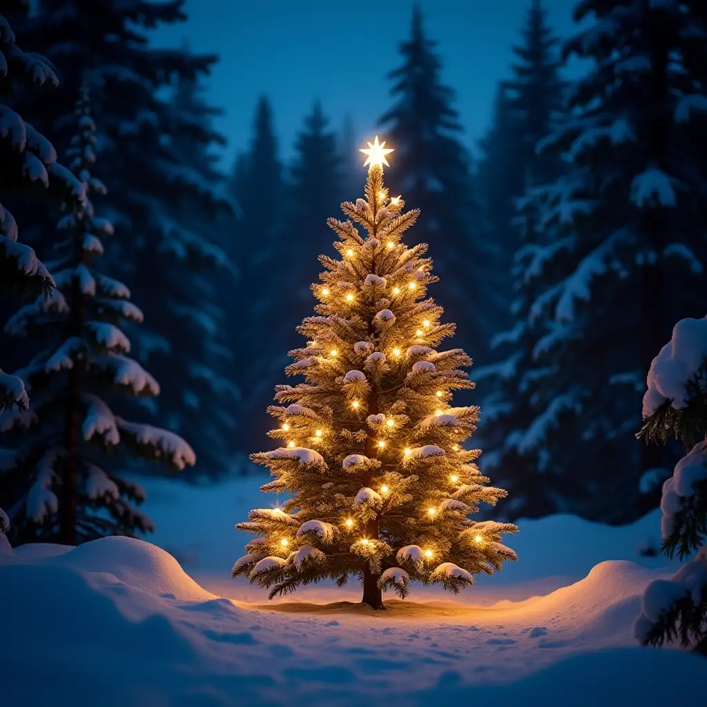 Illuminated-Christmas-Tree-in-Snowy-Forest-at-Twilight