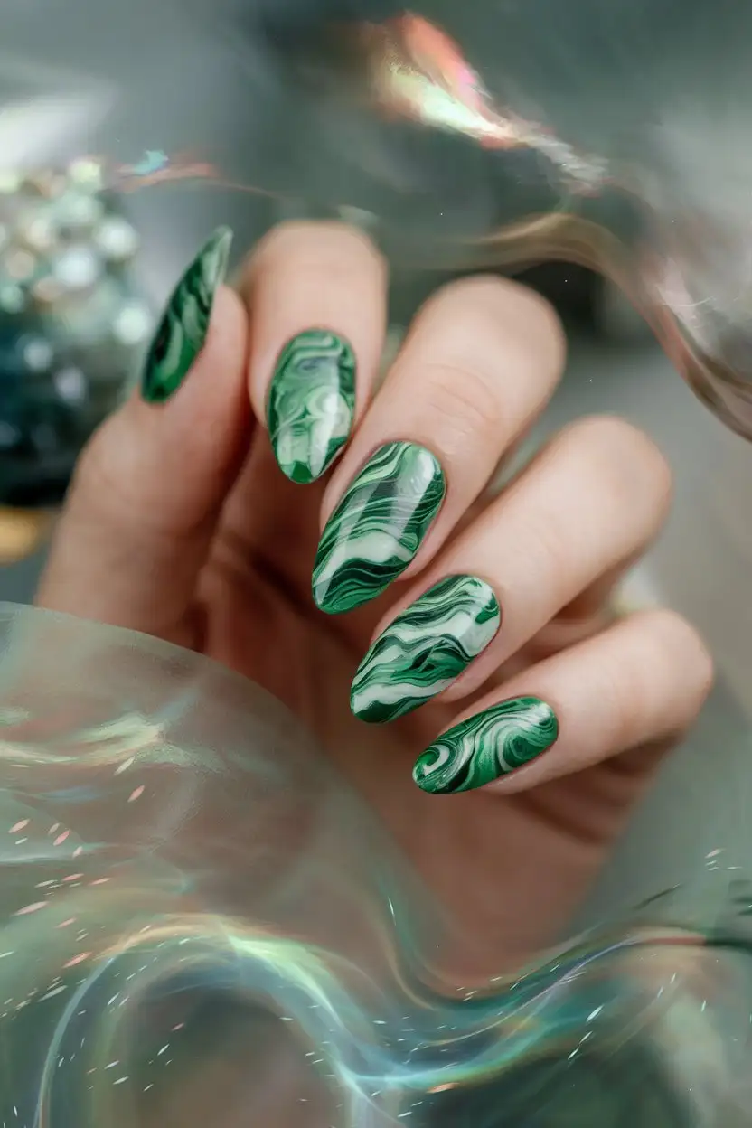 artistic close-up, green marble nails, almond shape, glossy finish, soft diffused lighting, artistic abstract style, hand showcasing nail art, ethereal dreamy effect, focus on marble pattern, swirling colors, unique nail design, 4k detail