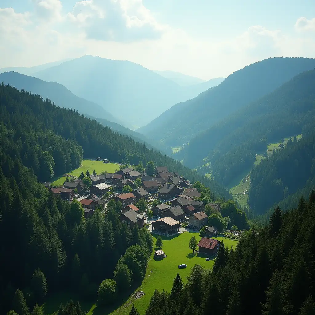 Village surrounded by hills and forest