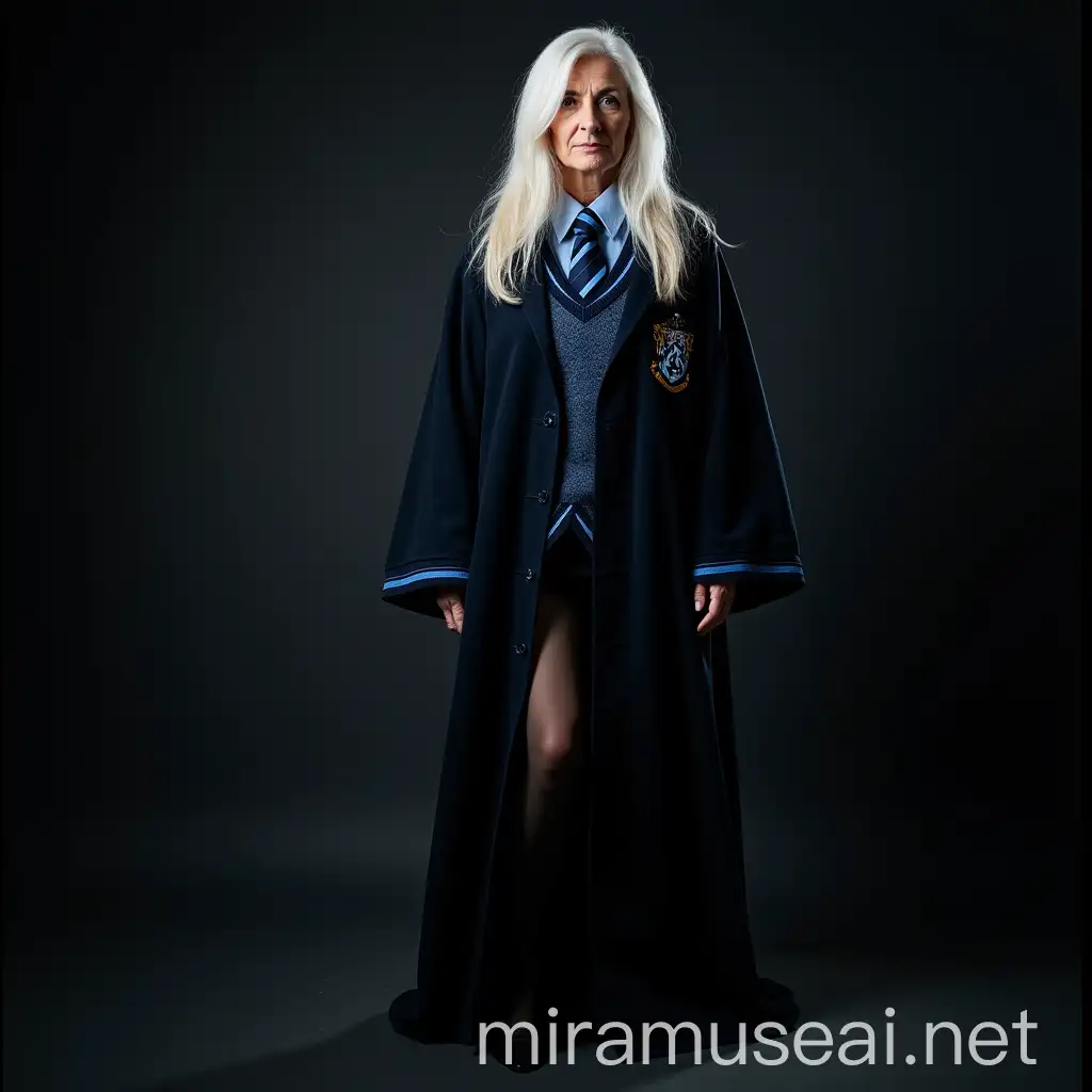 wide angle view of full body at Hogwarts School of Witchcraft and Wizardry, mature Ravenclaw school girl with long white hair parted on the side, showing her pantyhose, 55 years old, sexy pose in her The Ravenclaw school uniform at Hogwarts School of Witchcraft and Wizardry is dark blue with light blue stripes, and includes a robe, tie, and other accessories, pantyhose, reinforced toe pantyhose, ravenclaw uniform, emblem, black, robe, raven