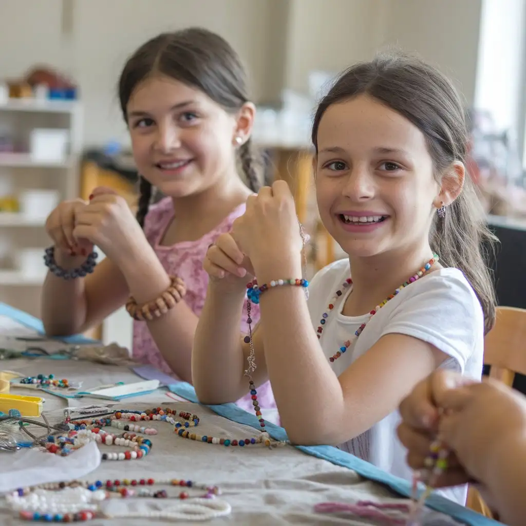 Childrens-Beadwork-Master-Class-with-Two-Girls-Wearing-Colorful-Beaded-Jewelry