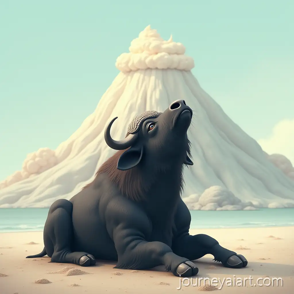 Female-Black-Buffalo-Sitting-on-theAI-Image-Prompt-Expansion-Ground-with-a-Creamy-Ice-Cream-Mountain-Background