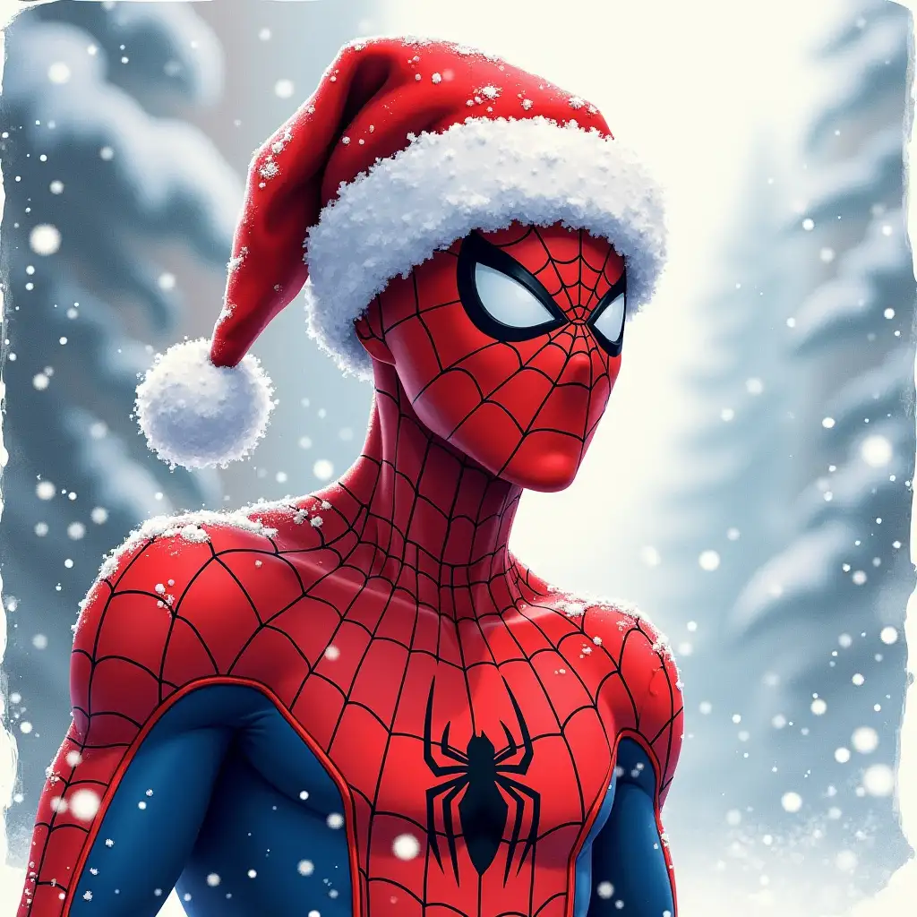 Marvel Character (((Spider-Man))) wearing a Santa Claus hat at Christmas in the snow watercolour style.