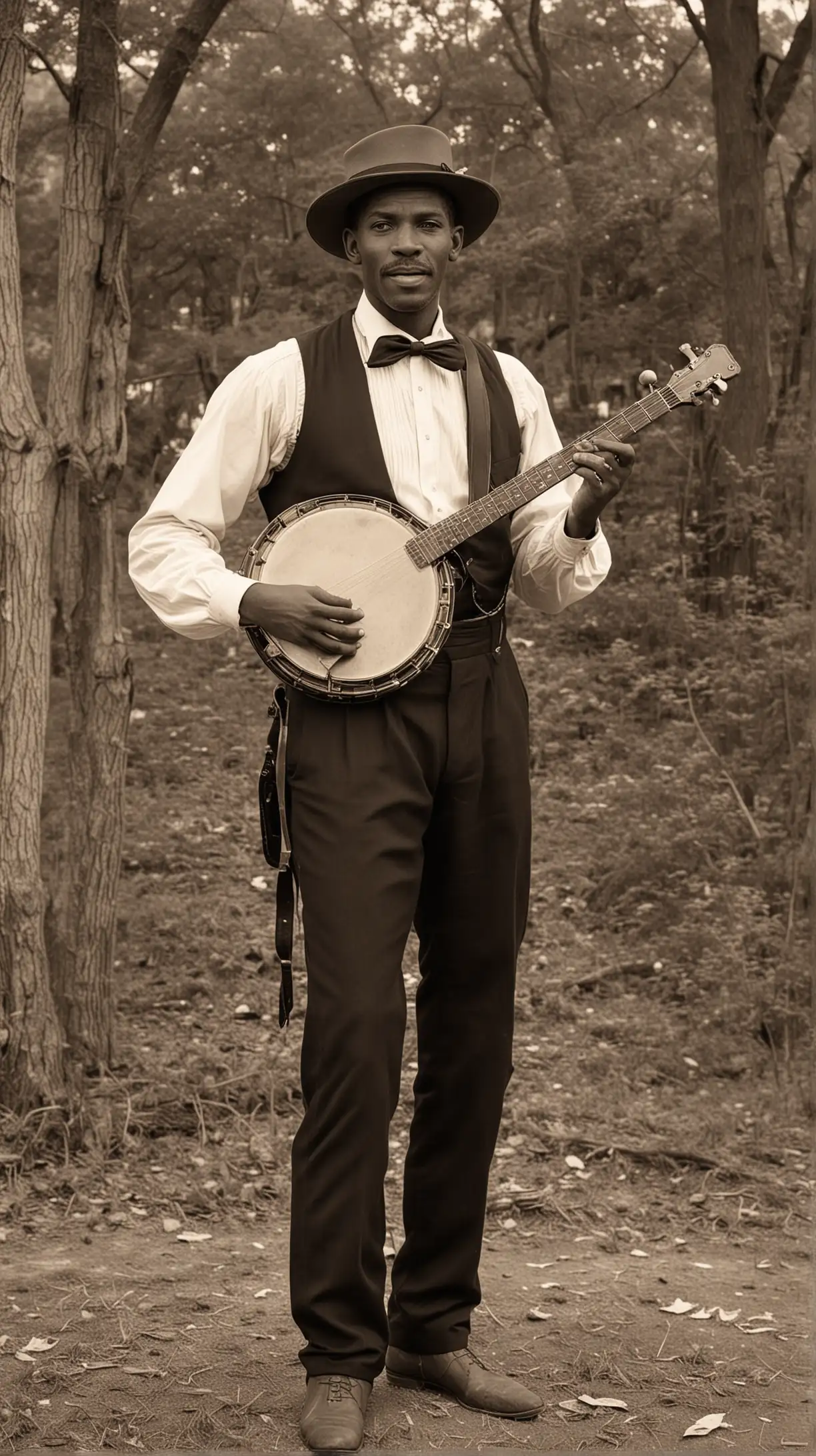 A 1800s Black handsome County music singer with banjo outside