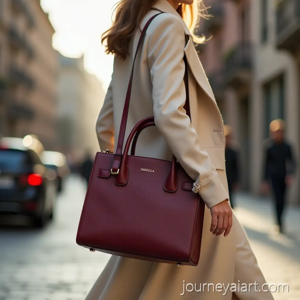 Editorial-Street-Style-of-Female-Model-Walking-with-Deep-Bordeaux-Leather-Handbag-in-City