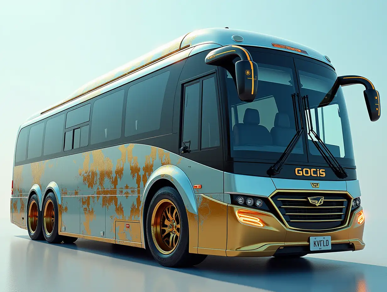 Supermodern utopian Sports bus with gears, lowered body, 18-inch rims, aluminum wheels, Creamblue Gold, Cyberpunk.