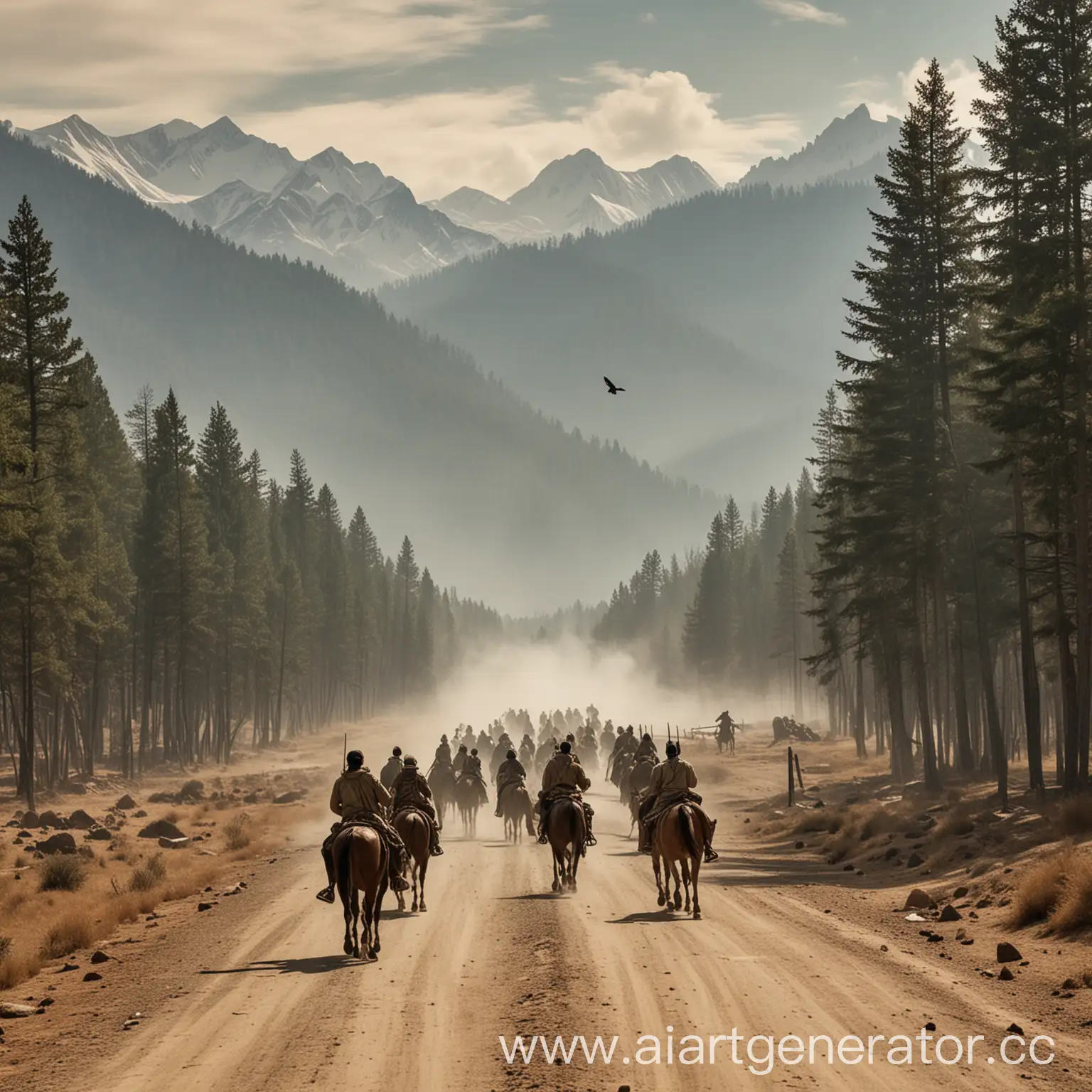 Jungars-Riding-Horses-Towards-Camp-with-Crows-and-Smoke-in-the-Sky