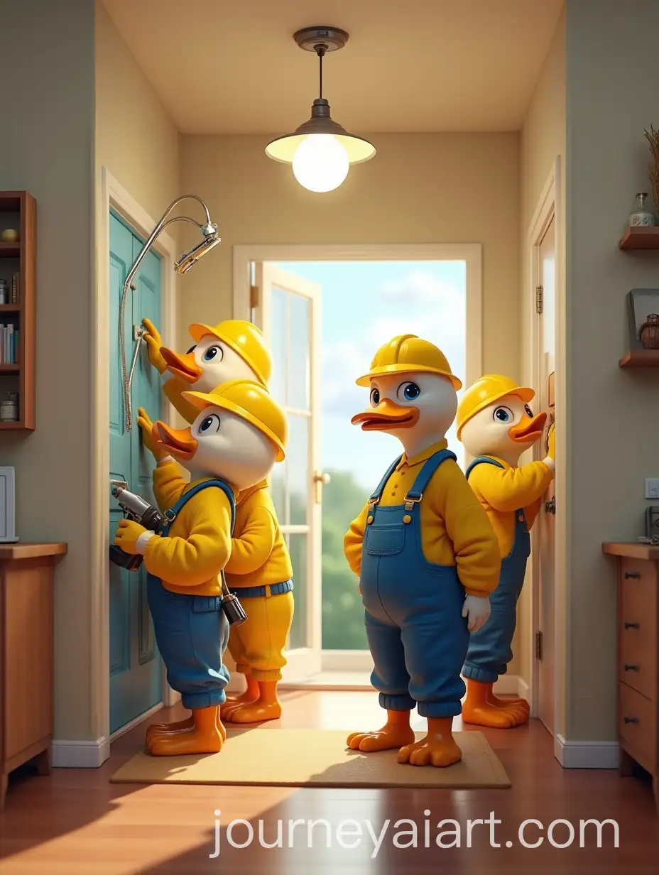 Four-Humanoid-Duck-Electricians-Working-in-a-ModernAI-Art-Prompt-Expansion-Home