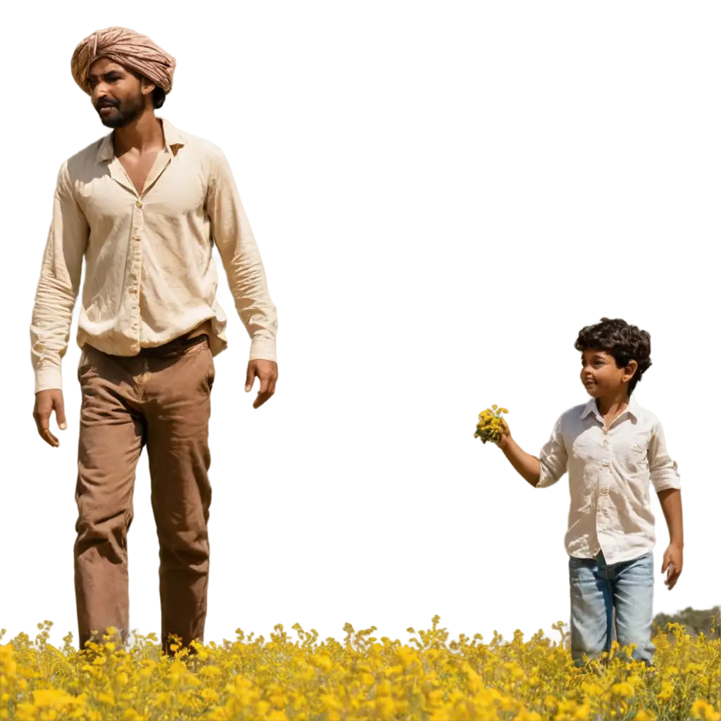 Vintage-PNG-Image-of-a-Rajasthani-Farmer-and-Son-Walking-Through-a-Mustard-Field-Traditional-Indian-Farming-Scene