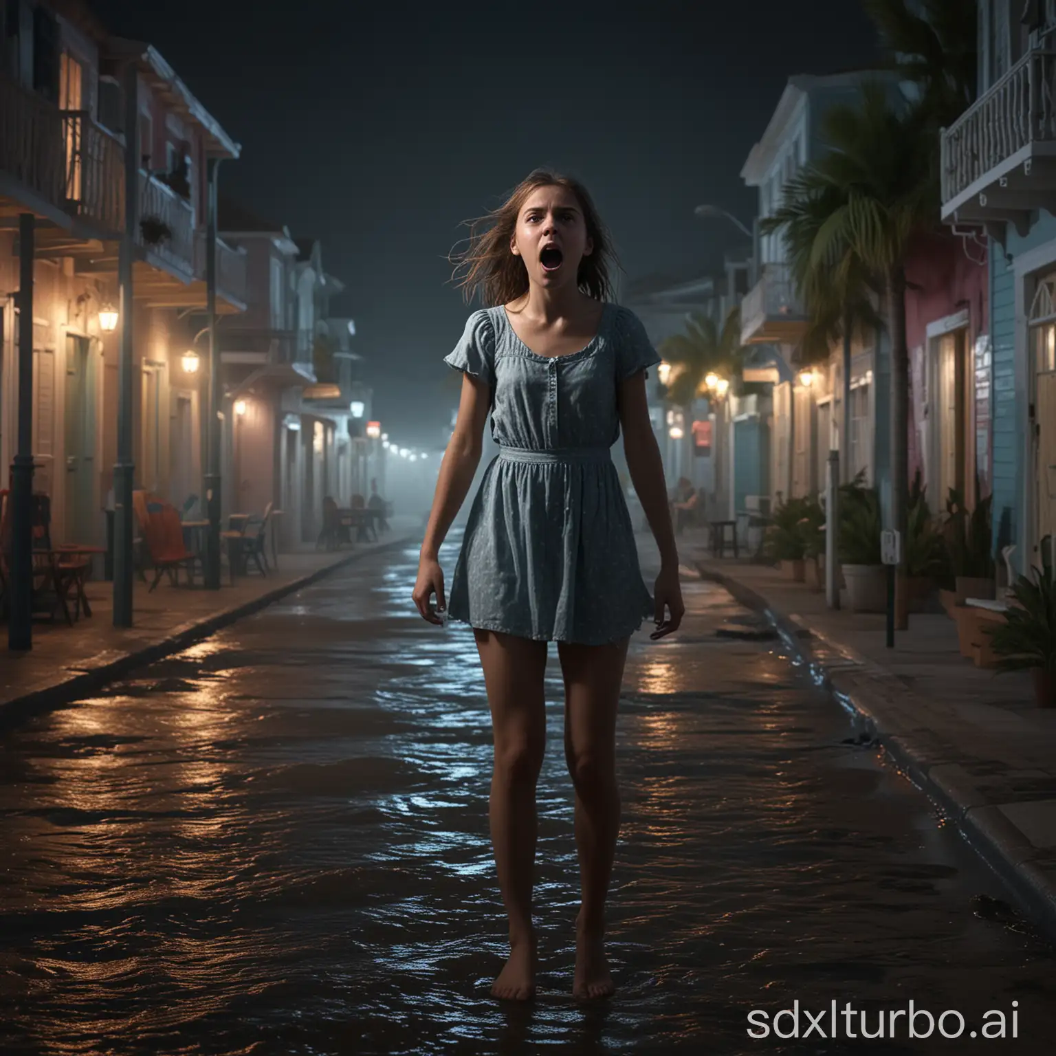 Terrified-Girl-Defending-Herself-in-Creepy-Seaside-Town-at-Night