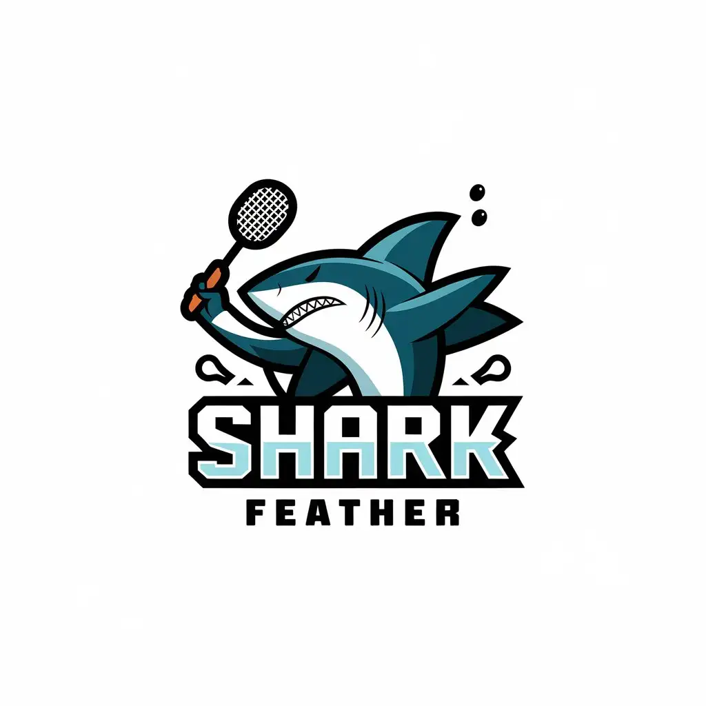 LOGO-Design-for-Shark-Feather-Playful-Shark-Playing-Badminton-on-Clear-Background